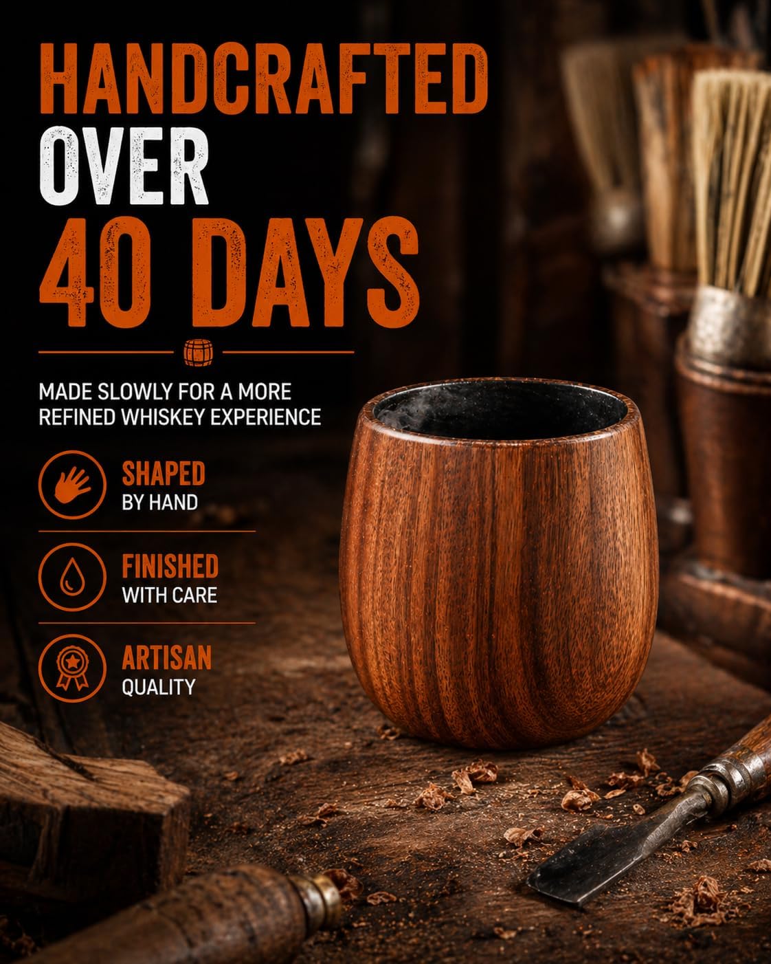 Charred Wooden Bourbon Drinking Glass Set,USA Design 11oz Handcrafted Premium Acacia Whiskey Tumbler, 2 Stones & 1 Ice Ball Molds,Charred Old Fashioned Glass,Unique Bourbon Gifts for (1 Pack Charred)