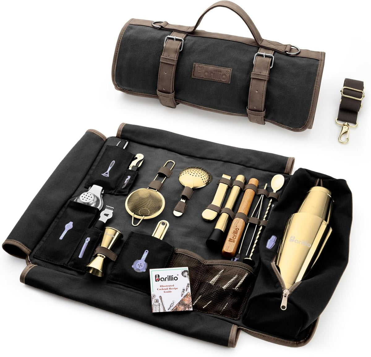 Barillio Bartender Kit Bag with Cocktail Shaker Set - Waxed Canvas, Traveling Bar Tools Bag with 17-Pc Cocktail Kit - Travel Mixology Bartending Kits - Mobile Bar Roll with Strap & Accessories - Black - Gold