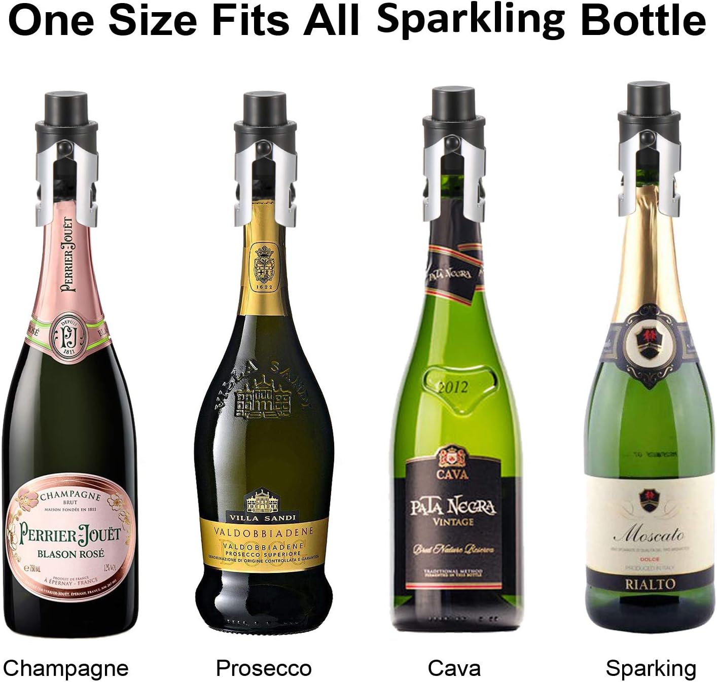 HYZ 2-Pack Champagne Stoppers Wine Saver, Sparkling Wine Vaccum Stoppers with Built-in Pump for Champagne, Prosecco and Cava - Stainless Steel + ABS Champagne Bottle Stoppers, Black