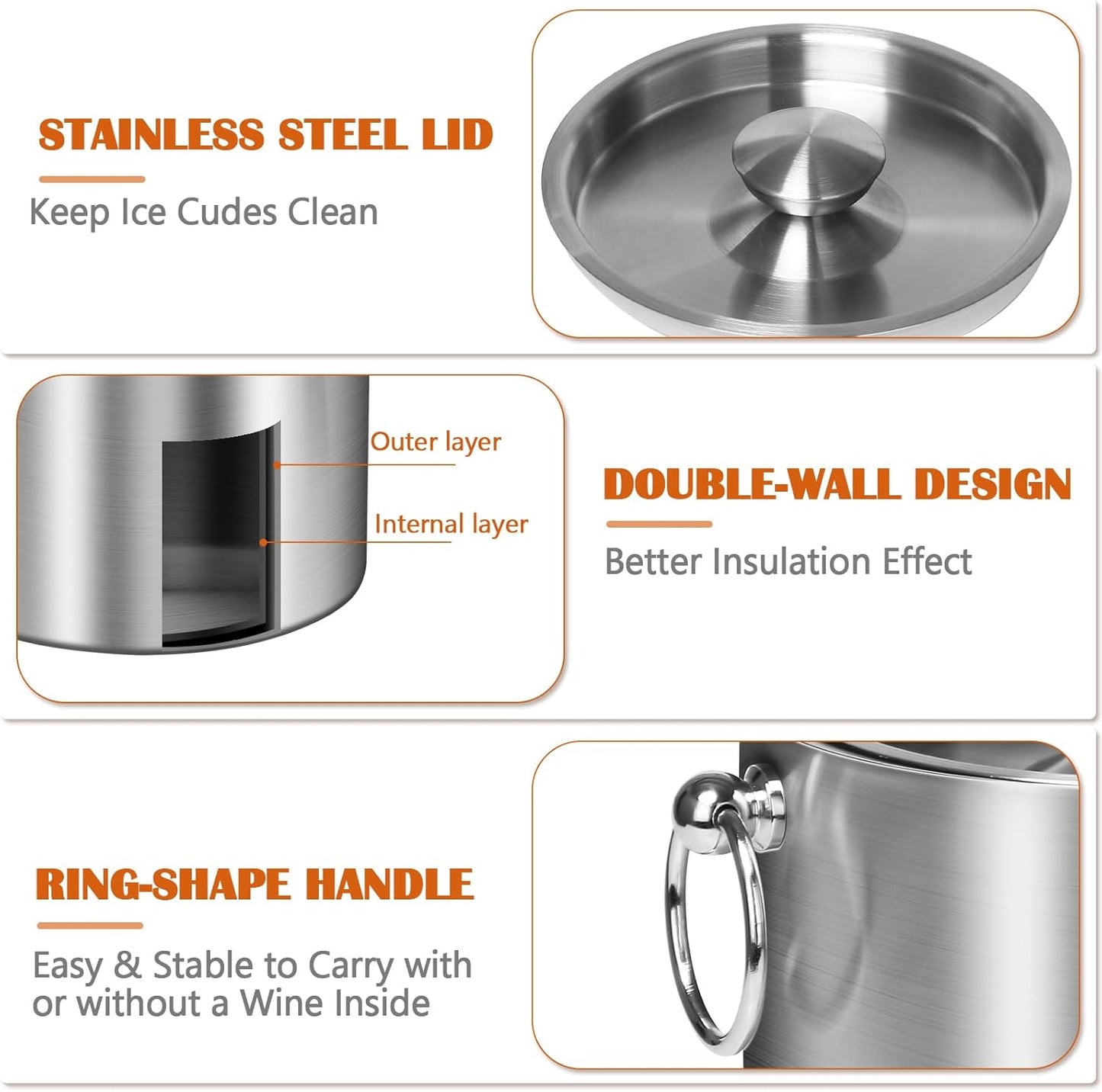 Ice Bucket with Lid & Tong- Well Made Insulated Stainless Steel Keep Ice Frozen Longer - Ideal for Cocktail Bar, Parties, Chilling Wine, Champagne - 3 Liter (Stainless Steel)