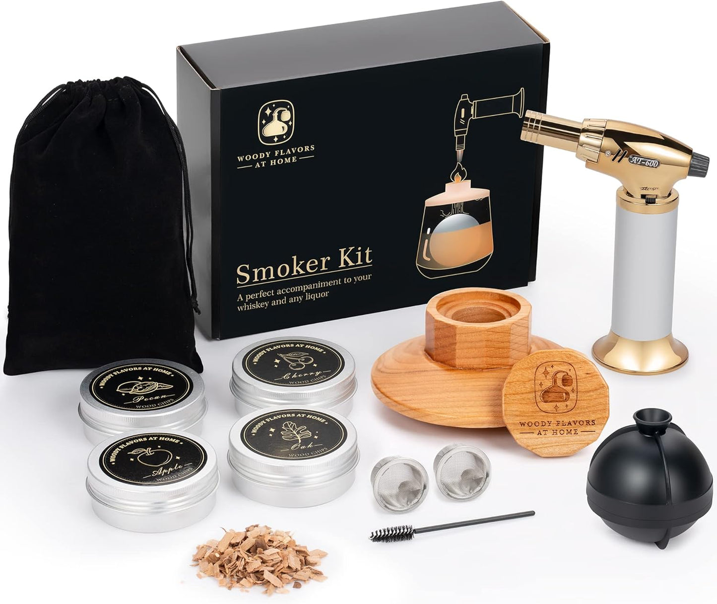 Cocktail Smoker Kit – Drink Smoker Bartender Kit with Torch, Sphere Ice Molds, Aromatic Wood Chips – Professional Bourbon Smoker Kit for Cocktails, Whiskey. No Butane (STD)