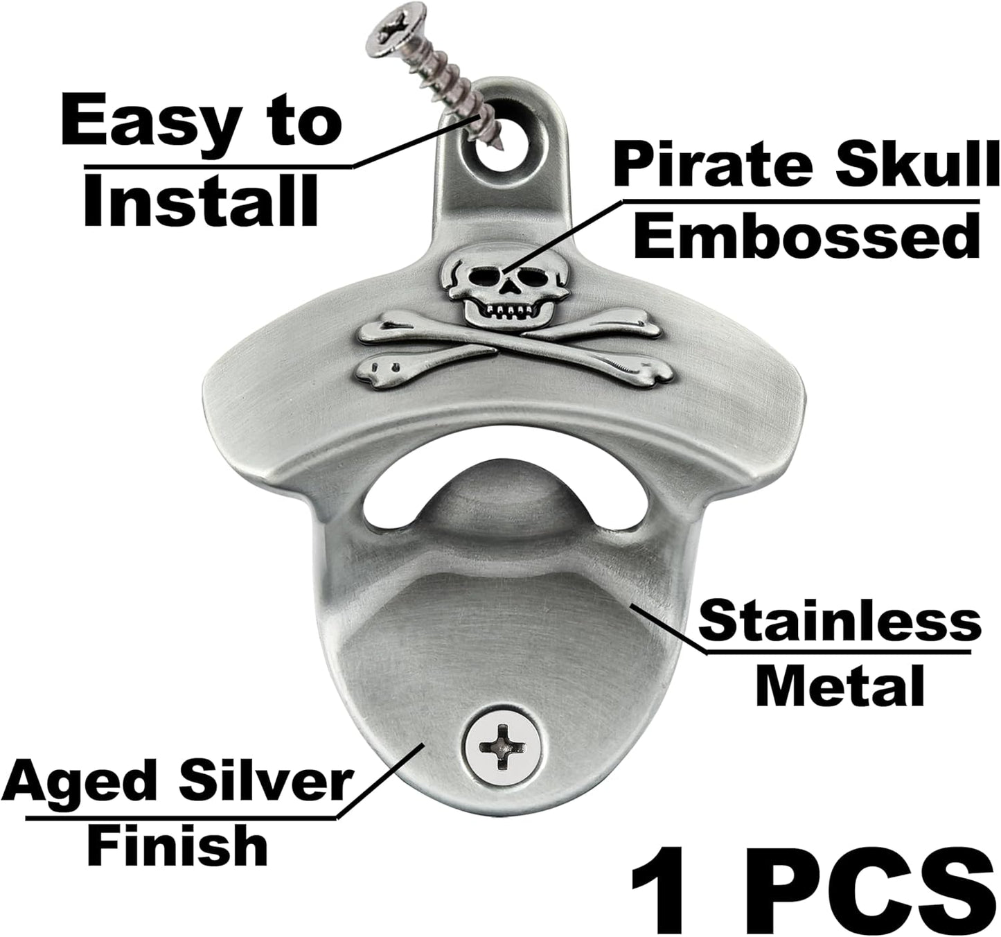 Aged Silver Wall Mount Bottle Opener Pirate, Embossed Skull Screw in Wall Beer Soda Cap Opener Stainless for Gift