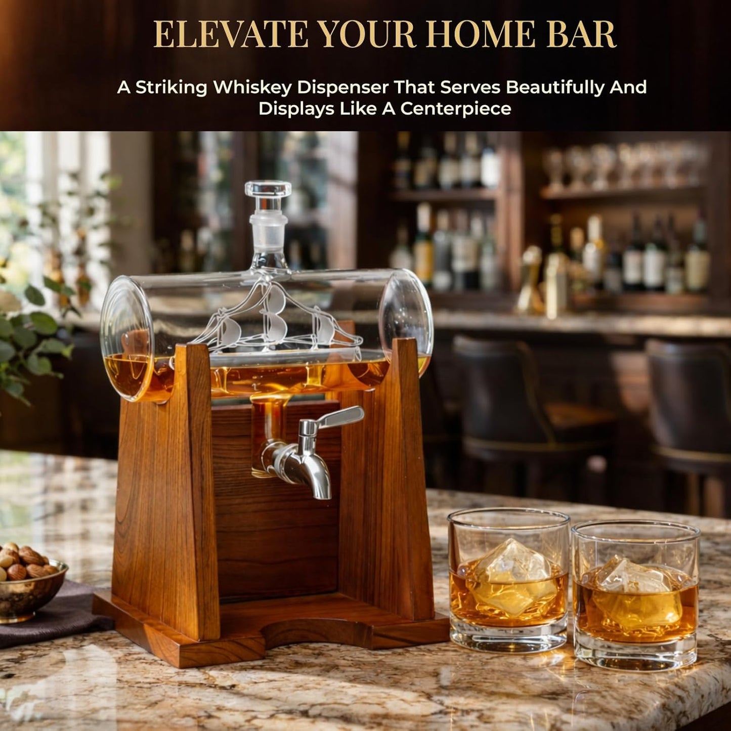 Jillmo Ship Whiskey Decanter Set for Men, 1250ml Liquor Decanter Gift with Ship Inside, 2 Whiskey Glasses & Wooden Stand, Bourbon Scotch Decanter Gift for Dad Husband Home Bar
