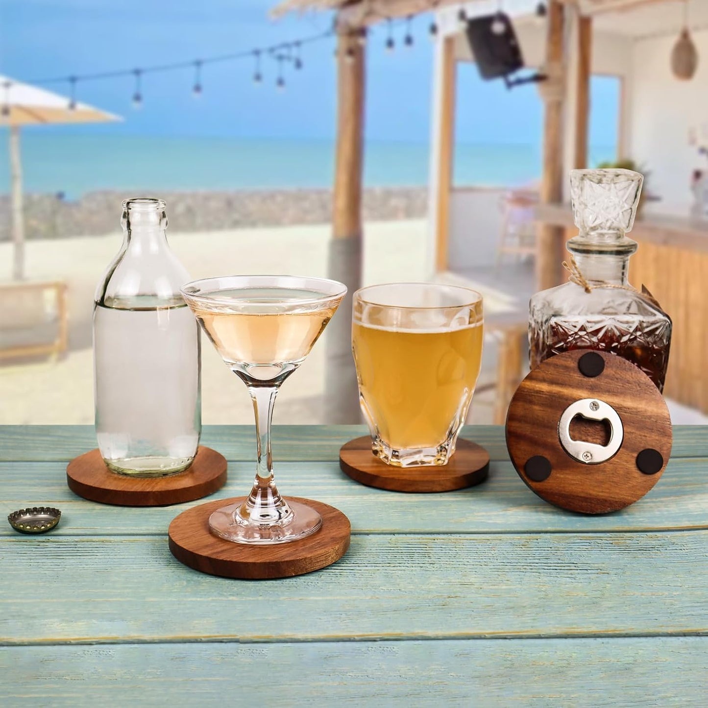 2-in-1 Wood Coasters with Bottle Opener, Set of 4 with Holder– Funny Acacia Wood Drink Coasters with Stainless Steel Openers & Non-Slip Feet – Durable and Functional for Beer or Soda Drinking