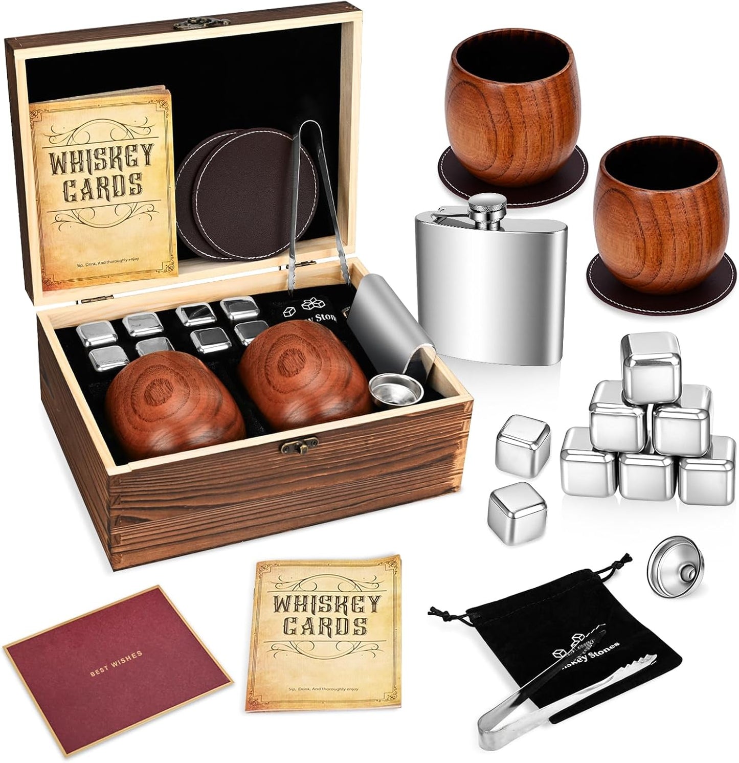 Charred Wooden Bourbon Drinking Glass Wooden Whiskey Glasses Set of 2 17-Piece Complete Whiskey Gift Set Old Fashioned Glass Bourbon Gifts for Men (Silver Accents)