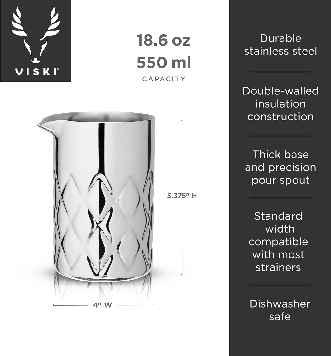 Viski Double Walled Stainless Steel Cocktail Mixing Glass, for Stirring Martinis, Negronis, and More, Ideal for Home Bars, Cocktail Parties, Hosting Occasions, or Gifting, 18.6 oz (550 ml), Set of 1