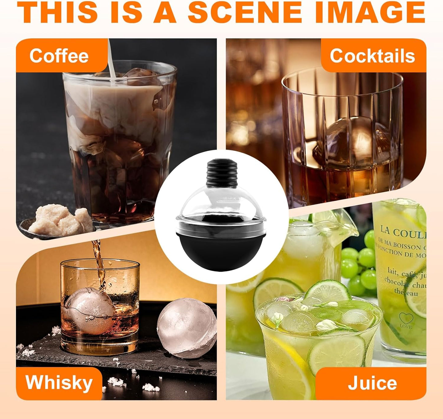 Round Ice Cube Mold - Set of 4 Large Ice Ball Maker Mold For Whiskey Cocktails, BPA Free Reusable Silicone Ice Cube Molds With Lid
