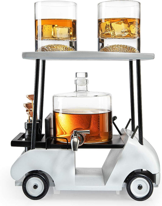 Golf Cart Decanter Whiskey Decanter and 2 Whiskey Glasses - The Wine Savant, Gift for Both Men & Women, Golfs Accessories, Golfer Gifts, Based on A Replica (850ml Decanter - 8 Ounce Glasses)