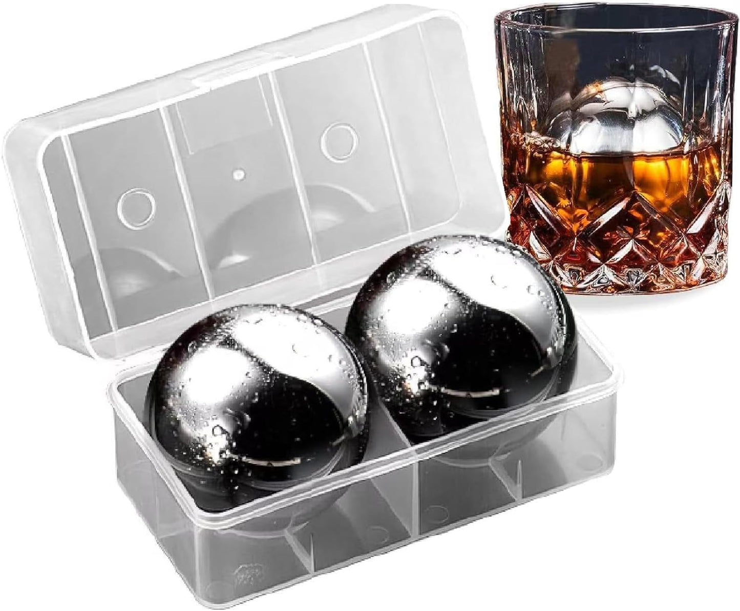 2Pcs XL Stainless Steel Whiskey Balls, Metal Reusable Ice Cubes, 2.2"/55mm Round Ice Balls for Whiskey Beverage Chiller Stones Rocks, Gifts for Men Husband Birthday