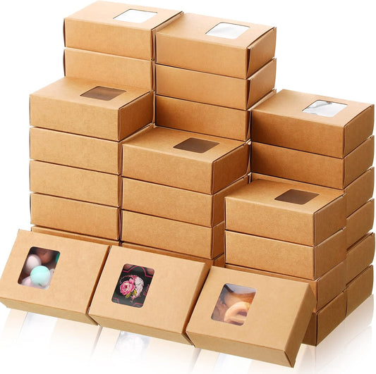 Outus 100 Pcs Soap Packaging Boxes Bulk Soap Boxes for Homemade with Window Mini Kraft Paper Container Homemade Craft Making Gift Wrappers for Cookies Candy, 3.5 x 2.6 x 1.2 Inch (Brown)