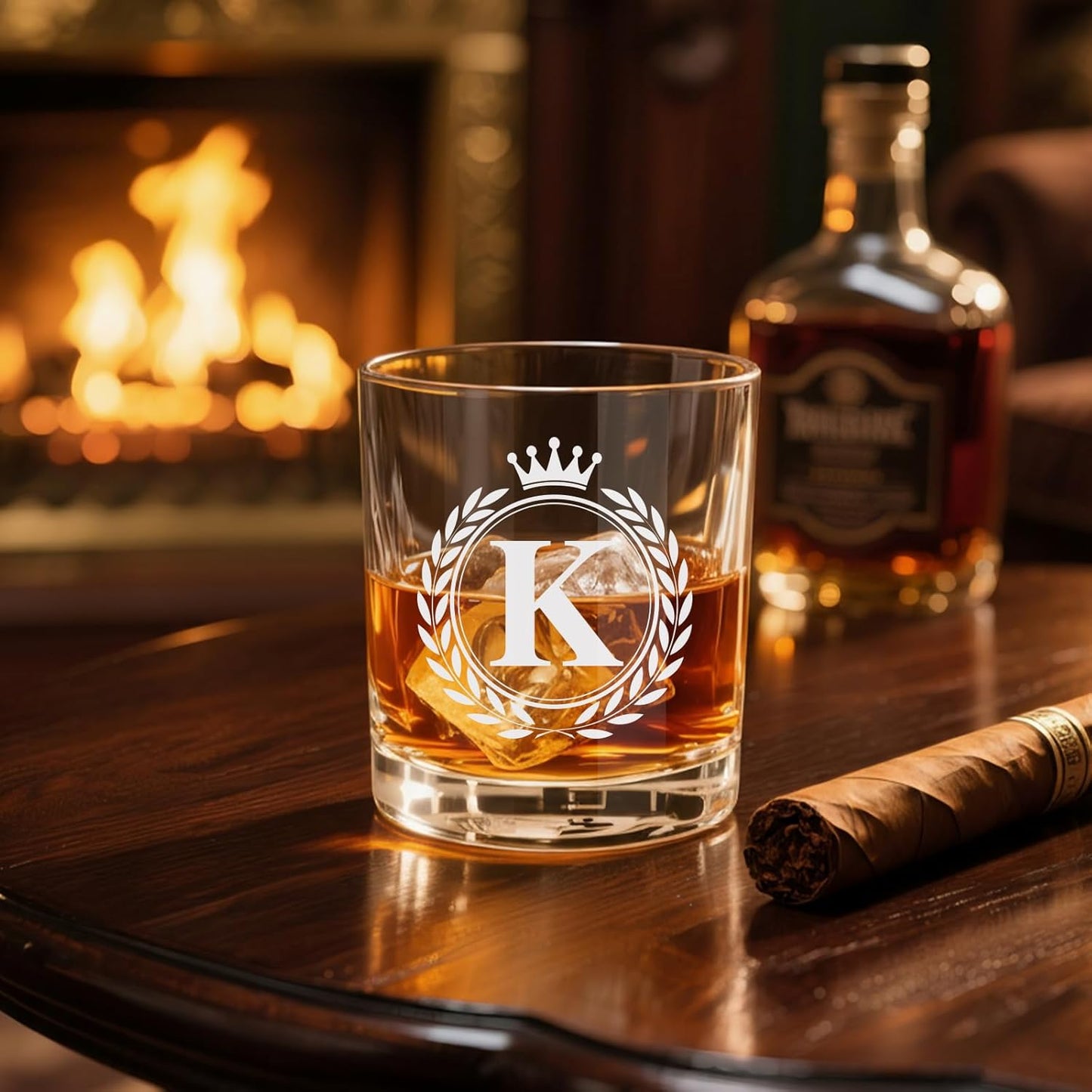Personalized Whiskey Glasses Gifts for Men, Rocks Old Fashioned Glass, Monogrammed A-Z 10.3 oz Whisky Glasses, Fathers Day Birthday Gift for Him Dad Father Husband Brother Son (K)