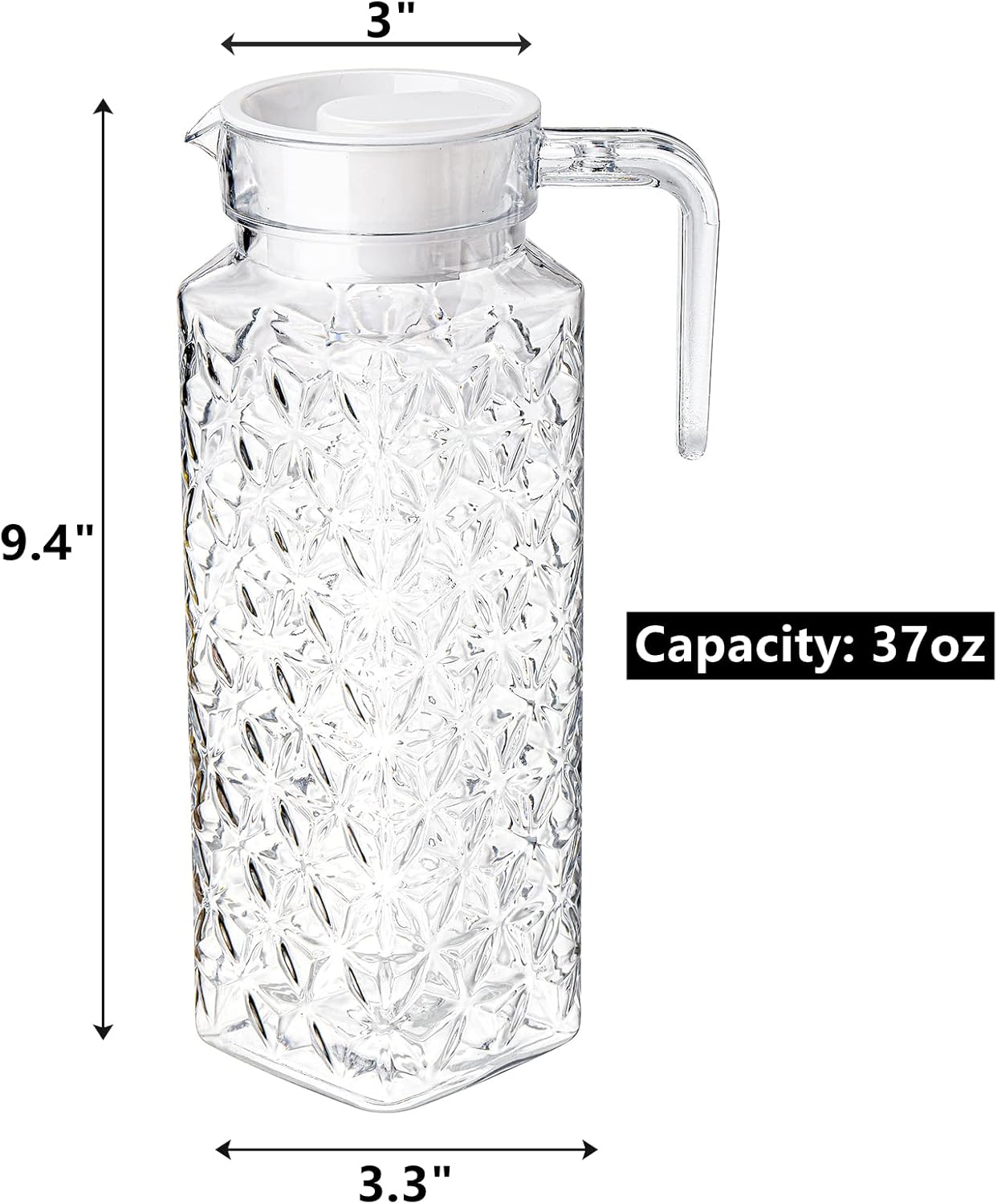 Peohud 2 Pack Acrylic Pitchers, 37oz Clear Plastic Pitcher with Removable Lid, Transparent Juice Jug Water Pitcher for Iced Tea, Sangria, Lemonade, Cold or Hot Beverages, BPA-Free and Shatter-Proof