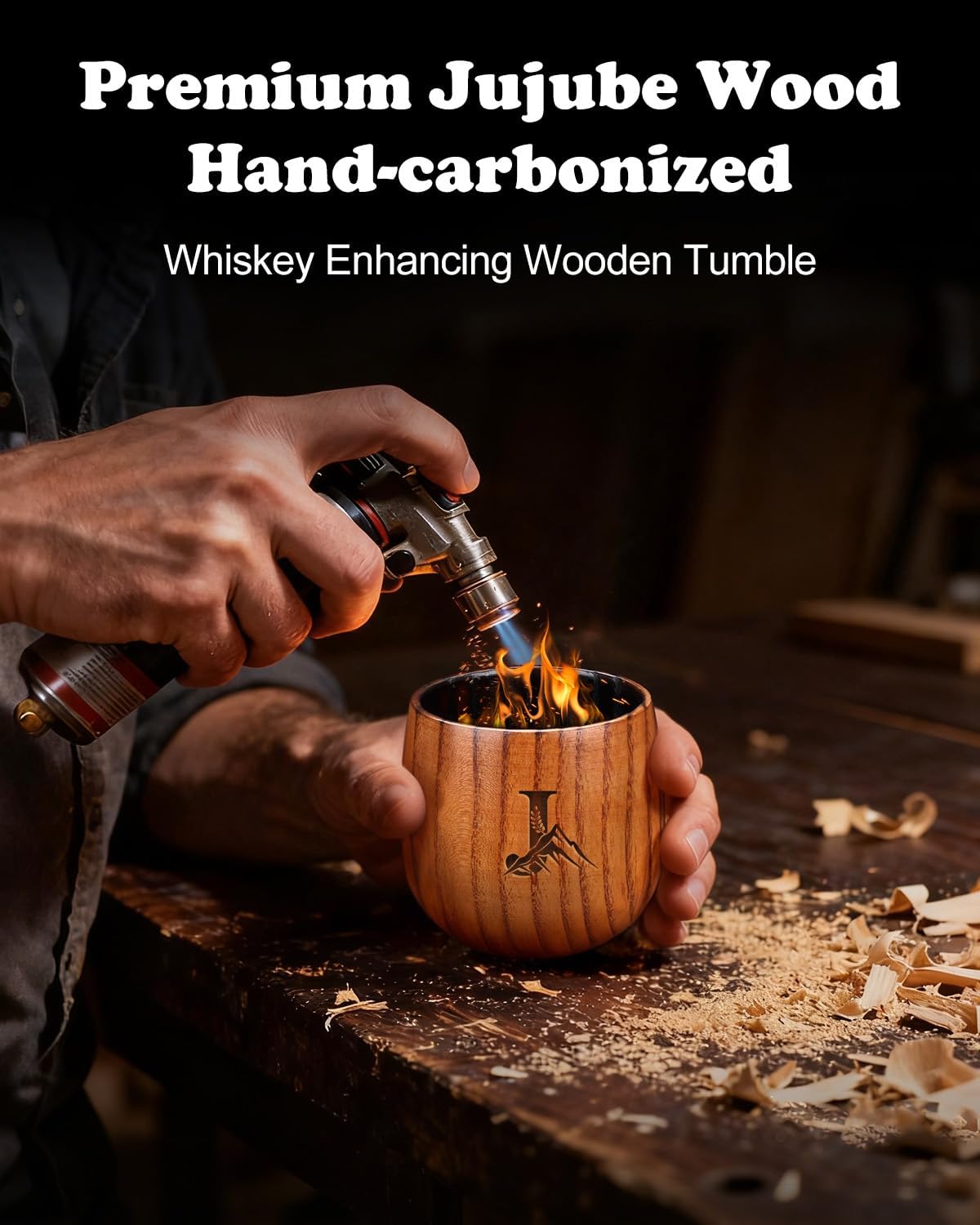 Charred Wooden Whiskey Glasses Personalized Bourbon Drinking Glass Ideas Gifts for Men Husband, Dad, Brother, Whiskey Lovers Birthday Insulated Old Fashioned Glass Whiskey Tumbler J