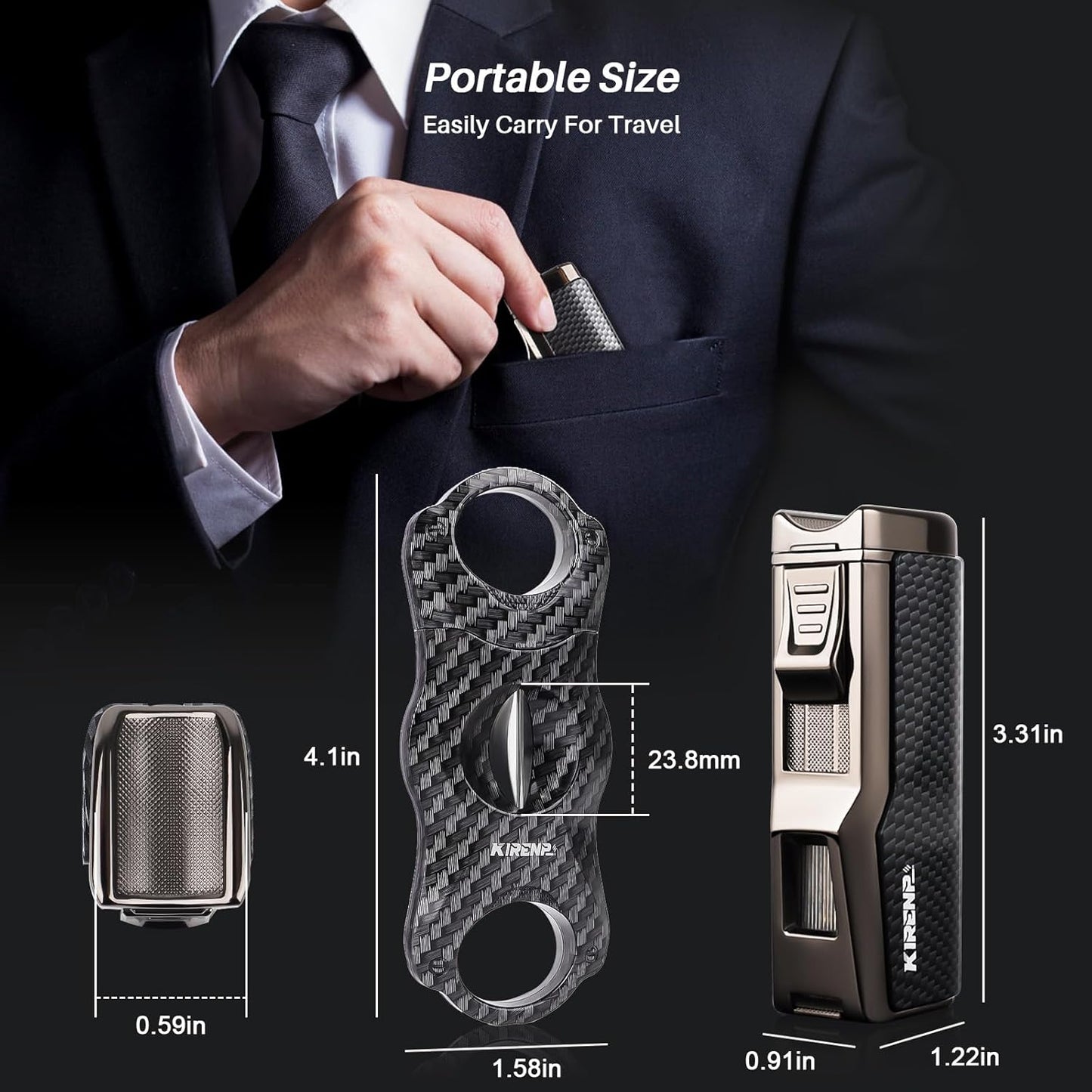 All-in-one Cigar Lighter with V Cigar Cutter, Built-in Cigar Punch, Cigar Holder, Quad Windproof Jet Flame, 4 in 1 Refillable Torch Lighter Set with Gift Box, Cool lighters for Smoking, Birthday