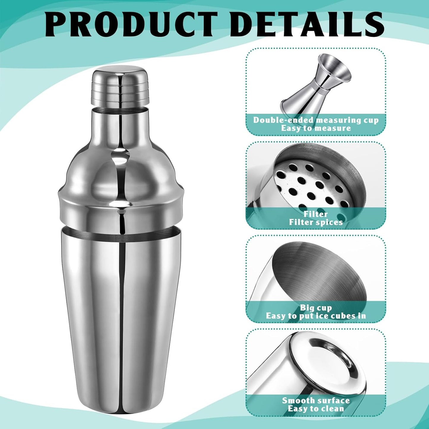 Umigy Cocktail Shaker Set Martini Shaker Bulk Stainless Steel Martini Mixer with Strainer and Double Measuring Jigger for Bar Party Home Use Wine Bar(18 Oz/ 550 ml,2 Packs)