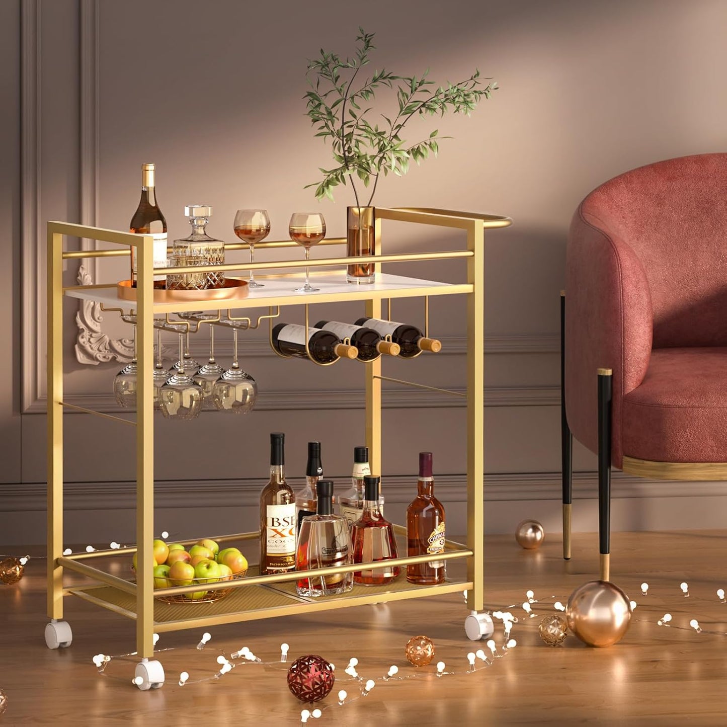Joaxswe Bar Cart,Home Bar Serving Cart with Storage Shelves, 2 Tier Rolling Beverage Cart with Wheels, Modern Wine Cart with Wine Rack and Glass Holder for Kitchen, Living Room,Dinning Room,Gold
