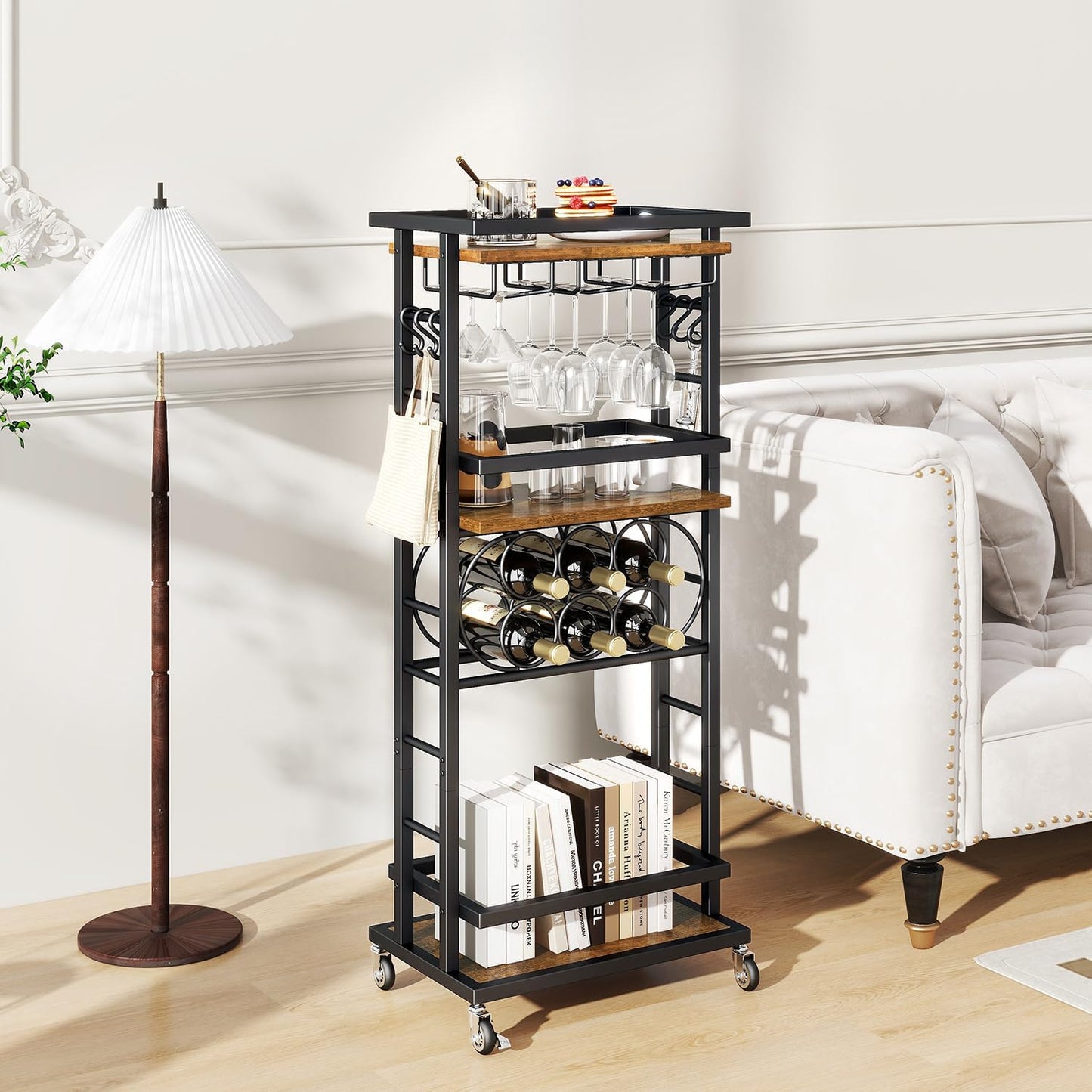 IBUYKE 4-Tier Wine Car Cabinet with Wheels,Wine Rack Freestanding Floor, Bar Cart for Liquor Whiskey Wine,Versatile Wine Bottle Display Shelf,Mini Bar for Home Living Room,Rustic Brown UTMJ912H