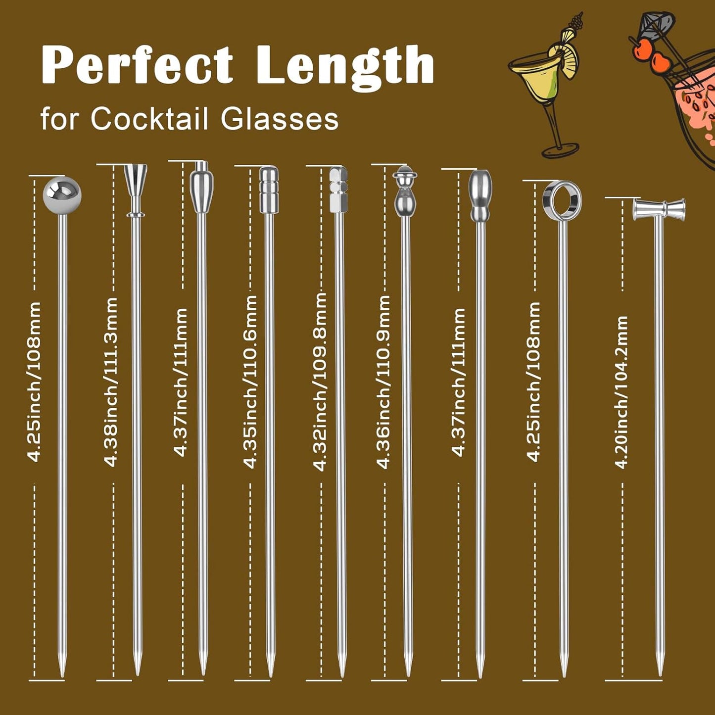 Metal Martini Cocktail Picks, Olive Skewers 4.2 inch, Stainless Steel Drinks Garnish Sticks, Reusable Toothpicks for Appetizers, Gift for Mother, Home Bar Accessories for Bartender - 9 Pcs
