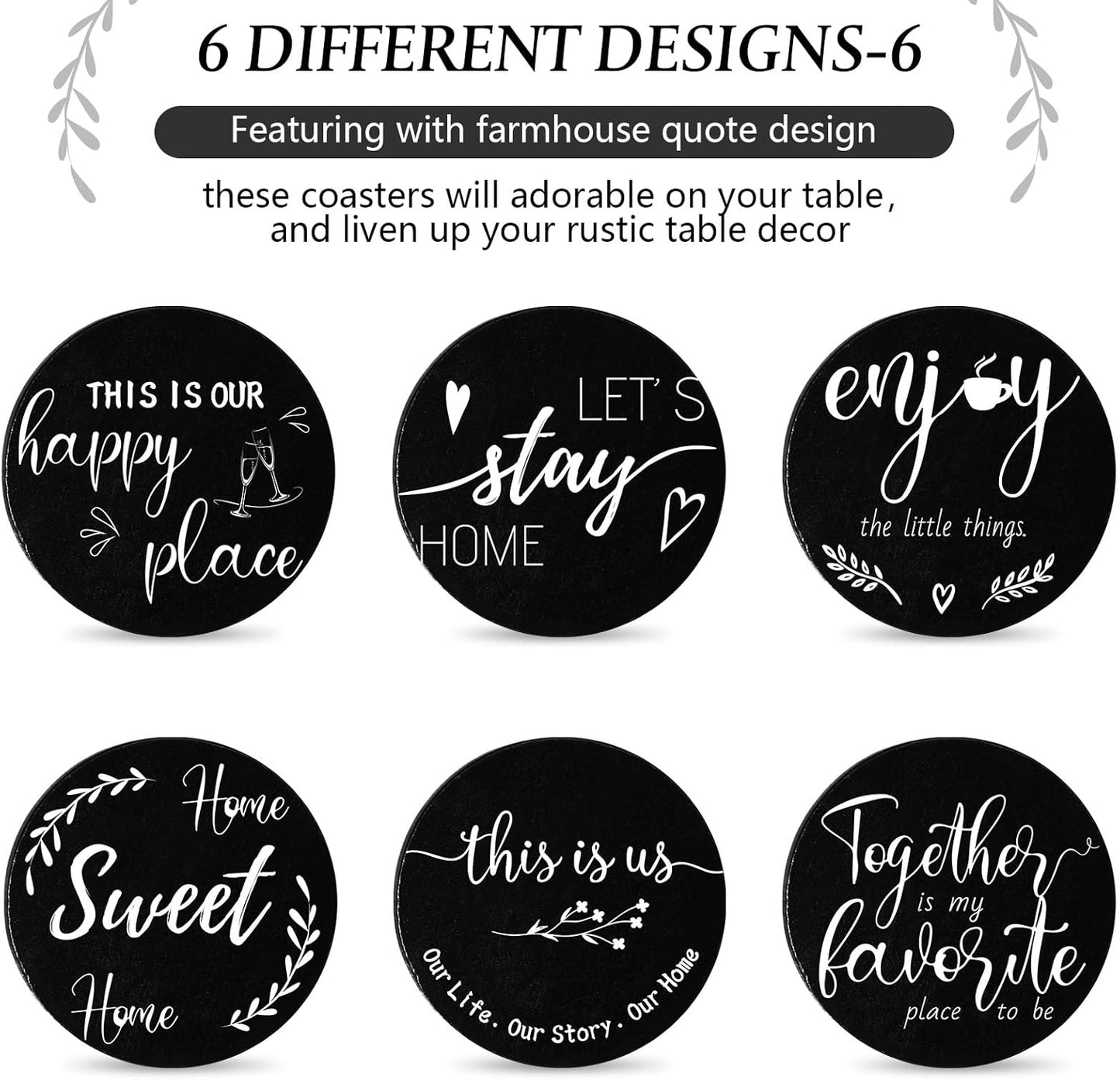 Queekay Coasters Set of 6 House Warming Gifts New Home Wooden Farmhouse Drink Coasters with Holder 4'' Funny Decoration for Kitchen Family Coffee Bar Tabletop Protection(Black)