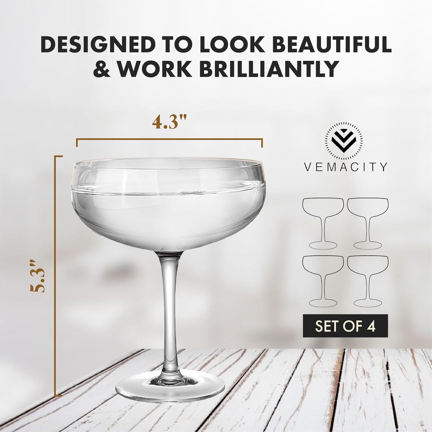 VEMACITY - Elegant Espresso Martini Glasses Set of 4 (10oz) - Classic Coupe Glasses for Martinis, Champagne, Margaritas | Handblown Crystal Cocktail Glassware | Ideal for Martinis and Cocktails