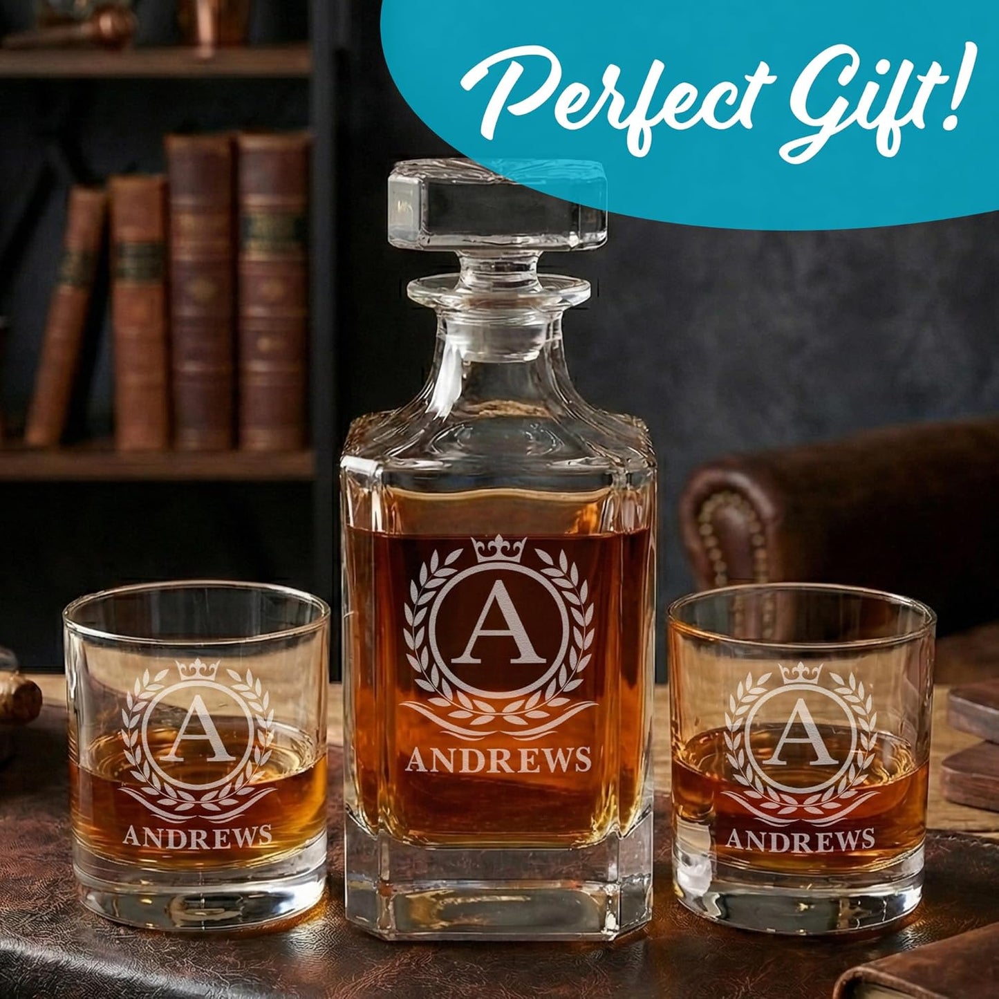 Personalized Whiskey Decanter Set with Glasses for Men - Custom Bourbon Decanter Sets 4 Designs - Laser Engraved Customized Whiskey Glasses - Personalized Whisky Bottle Groomsmen Gift