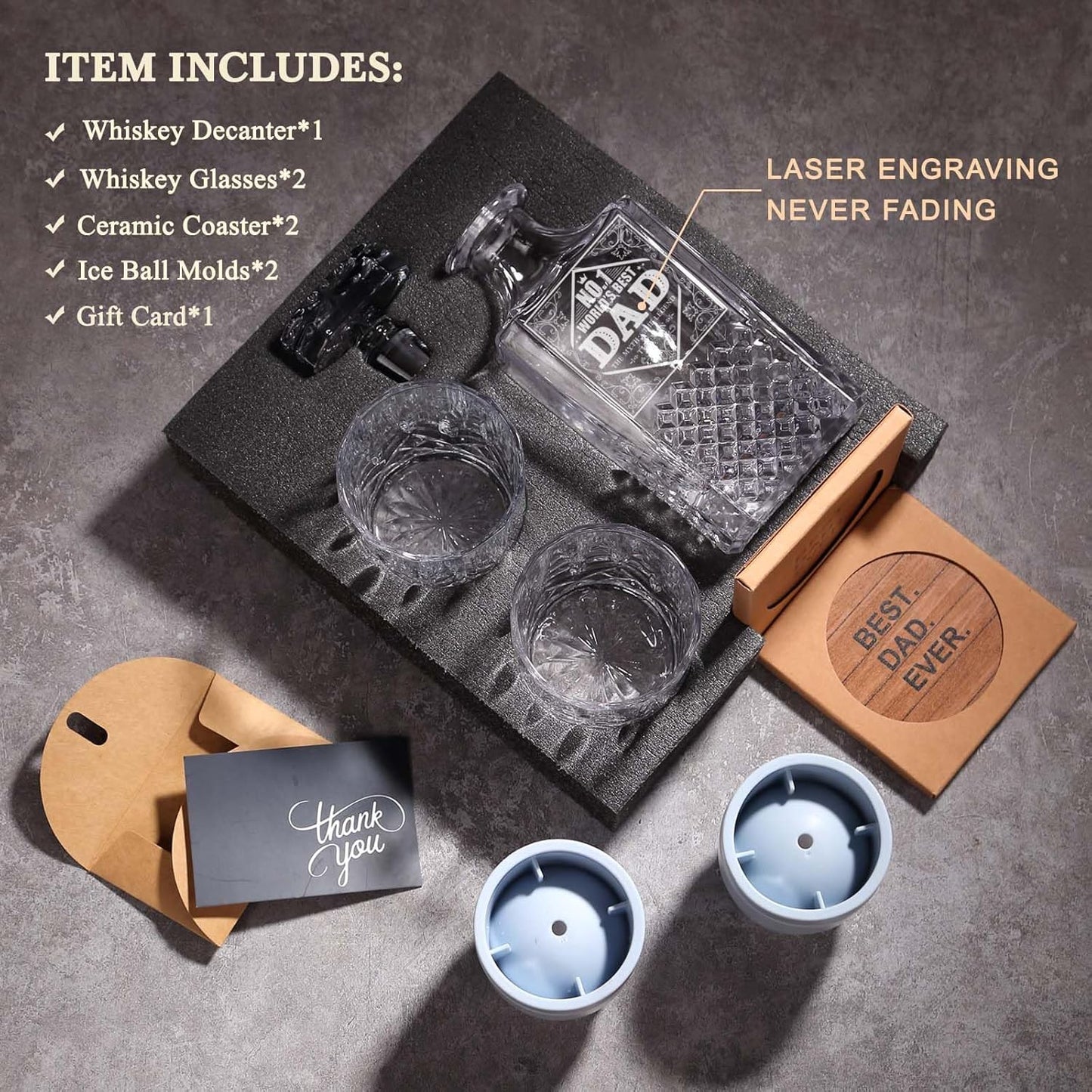 Gifts for Dad Men, Whiskey Decanter Set with Gift Box, Unique Christmas from Daughter or Son, Perfect Birthday and Retirement Present for Men - Includes 2 Ice Molds, 2 Coasters, and a Gift Card