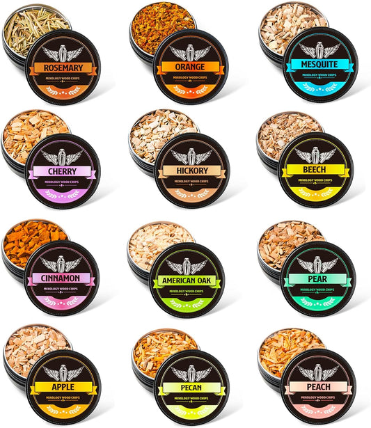 INSISART Whiskey Smoker Wood Chips, 6 Flavors Apple Cherry Oak Pear Peach Hickory, Natural Chips for Cocktails, Old Fashioned, Bourbon, Drinks, Food,Bar Accessory Gift for Men - 12 Pack