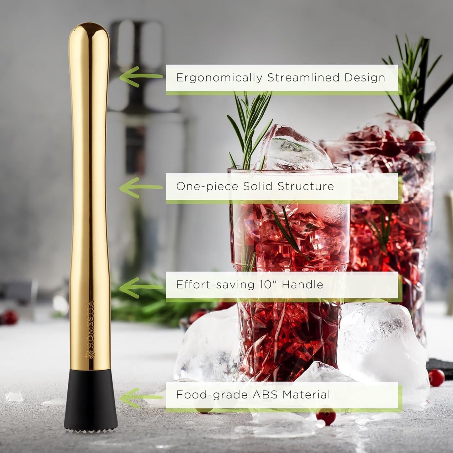 Homestia Gold Muddler for Cocktails - 10 Inch Professional Stainless Steel Muddler - Durable Cocktail Muddler Drink Smasher & Mojito Muddler - Wine Accessories Ideal Valentines Day Gifts for Him