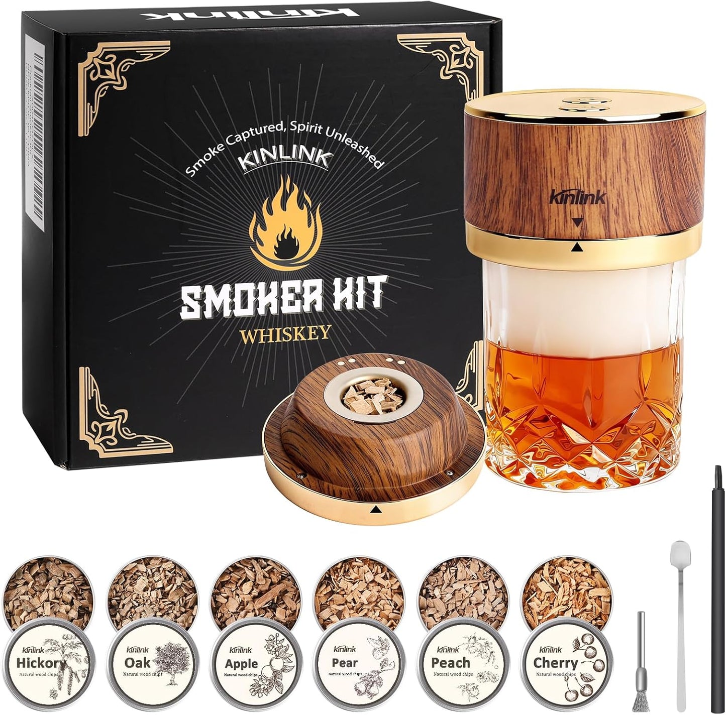 Electric Whiskey Smoker Kit - 7 Led Light, 6 Flavors Wood Chips, Gold Magnetic Old Fashioned Smoker Kit, Cocktail Whiskey Drink Smoke Bar Set, Gifts for Men Boyfriend Husband