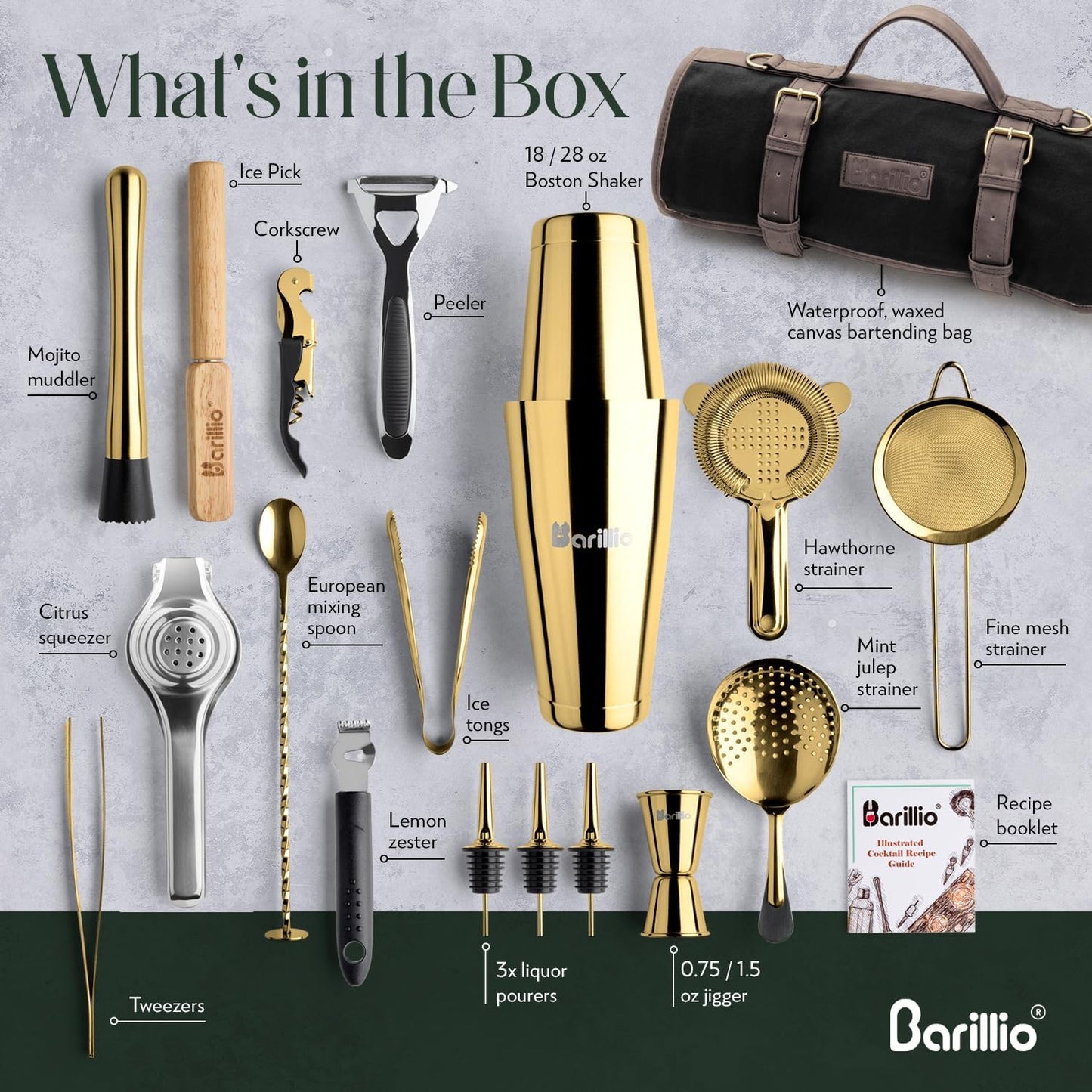 Barillio Bartender Kit Bag with Gold Cocktail Shaker Set - Waxed Canvas, Traveling Bar Tools Bag with 17-Pc Cocktail Kit - Travel Mixology Bartending Kits - Mobile Bar Roll with Strap & Accessories