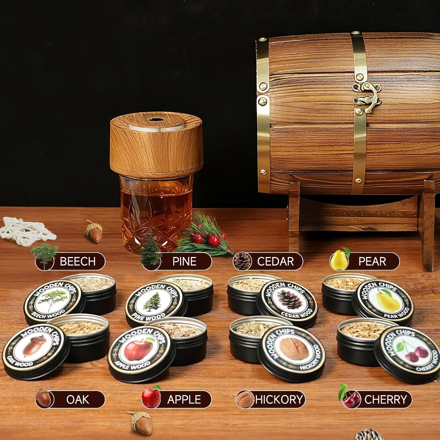 Whiskey Smoker Kit - Electric Cocktail Smoker with Wooden Barrel Case and 8 Flavors Wood Chips, Old Fashioned Smoker Kit Bourbon Gifts for Men