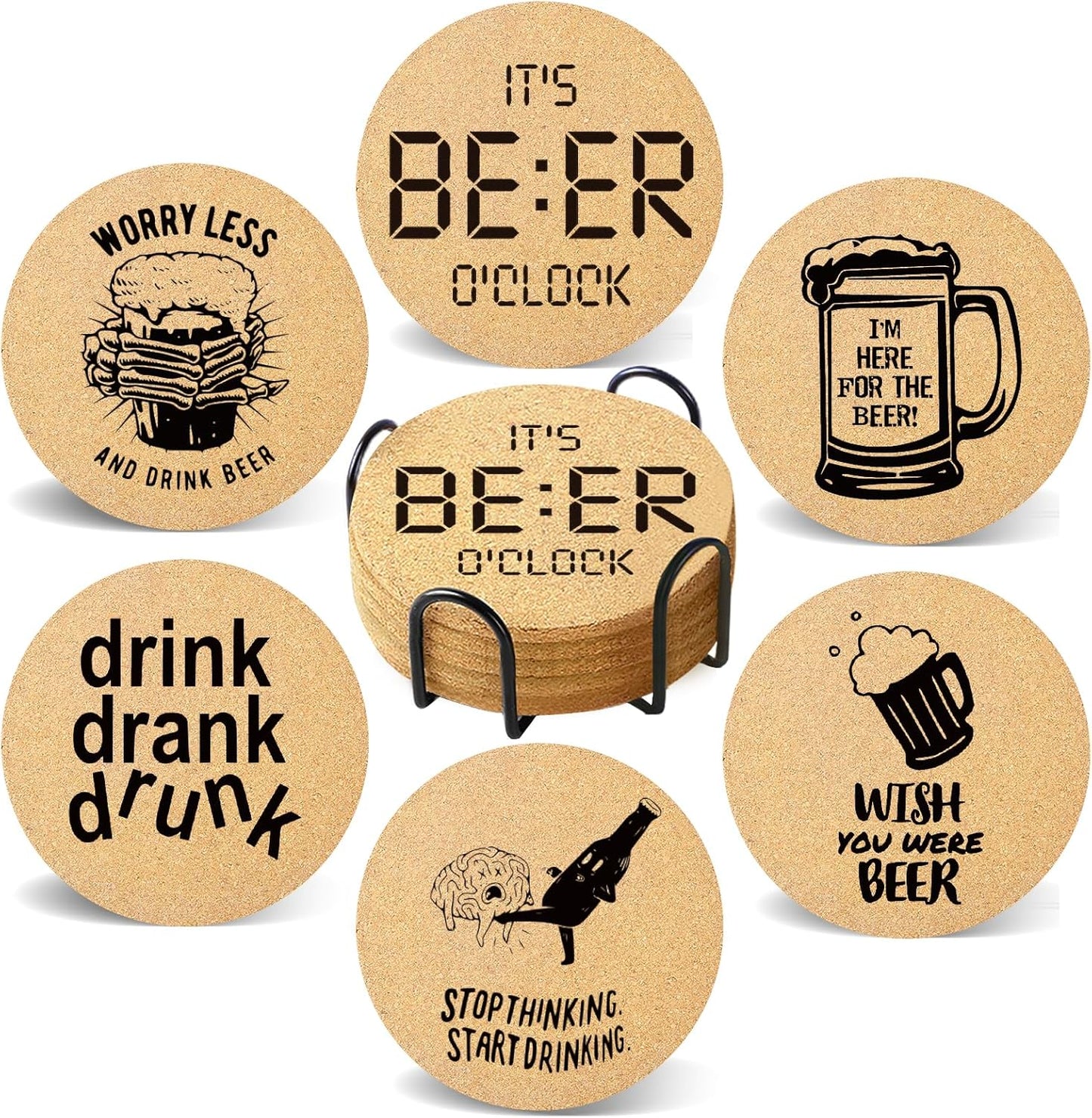 Coasters for Drinks with Holder Set of 6, Absorbent Cork Wood Coaster for Cup Desk Office Table Kitchen Decor House Warming Gifts for New Home Couples, Round 4"