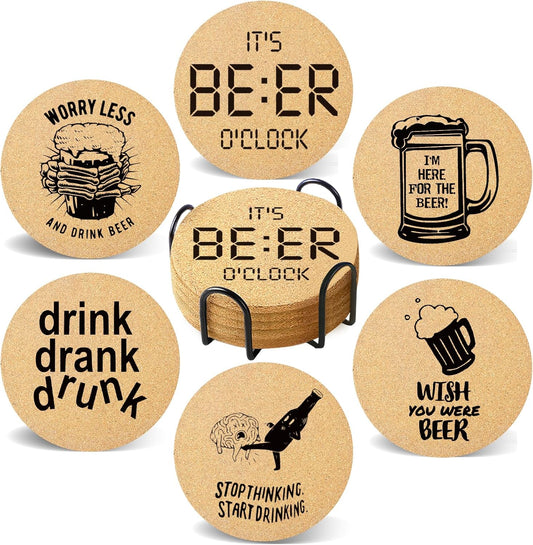 Coasters for Drinks with Holder Set of 6, Absorbent Cork Wood Coaster for Cup Desk Office Table Kitchen Decor House Warming Gifts for New Home Couples, Round 4"