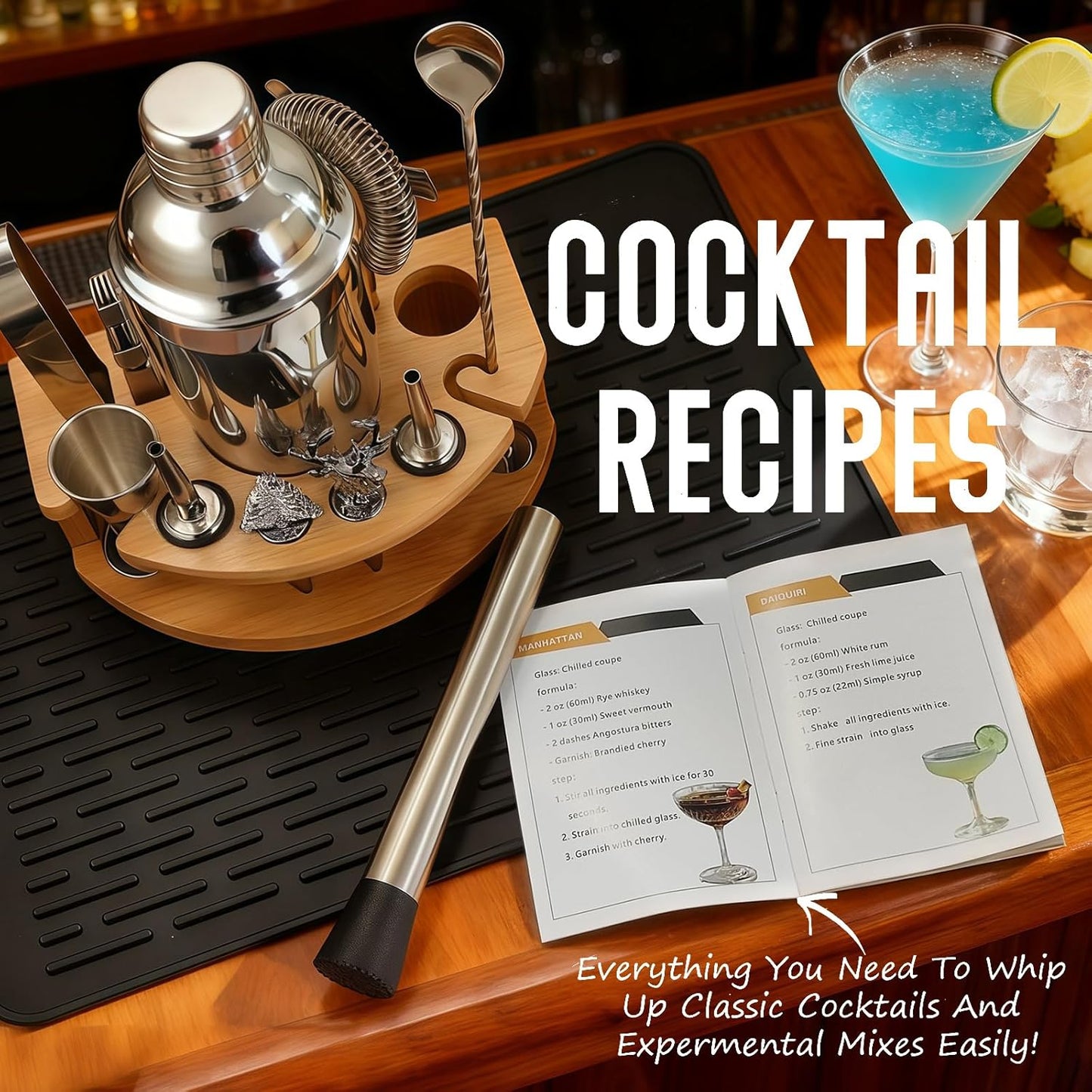Silicone Pad Included Cocktail Shaker Set Bartender Kit,Mixology Bartender Kit 13-Piece with Bamboo Stand,Martini Shaker Kit with All Essential Accessory Tools for Drink Mixing Gift for him or her