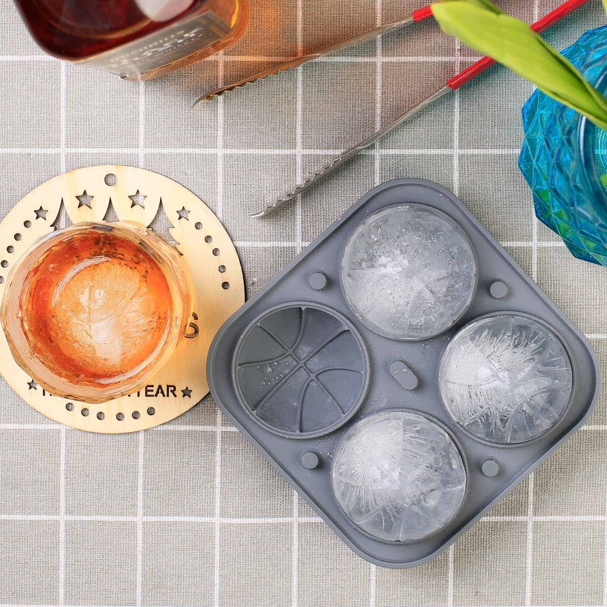 Ice Ball Mold, Large Basketball Shaped Silicone Round Ice Cube Tray with Funnel Lid for Freezer, 4 Cavities Big Sphere Ice Molds for Whiskey/Cocktail/Fruit Drinks/Ice Cream/Wax Melt/Candle