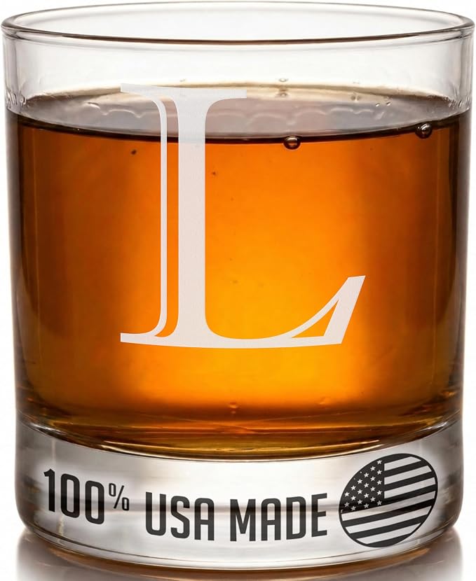 Etched Monogram 11oz Whiskey Rocks Glass (Letter J), A-Z Customized Bourbon Gifts for Men, Father’s Day, Personalized Old Fashioned Scotch Glass, Custom Engraved Gifts for Him, Initial, Name - Clear Etch L