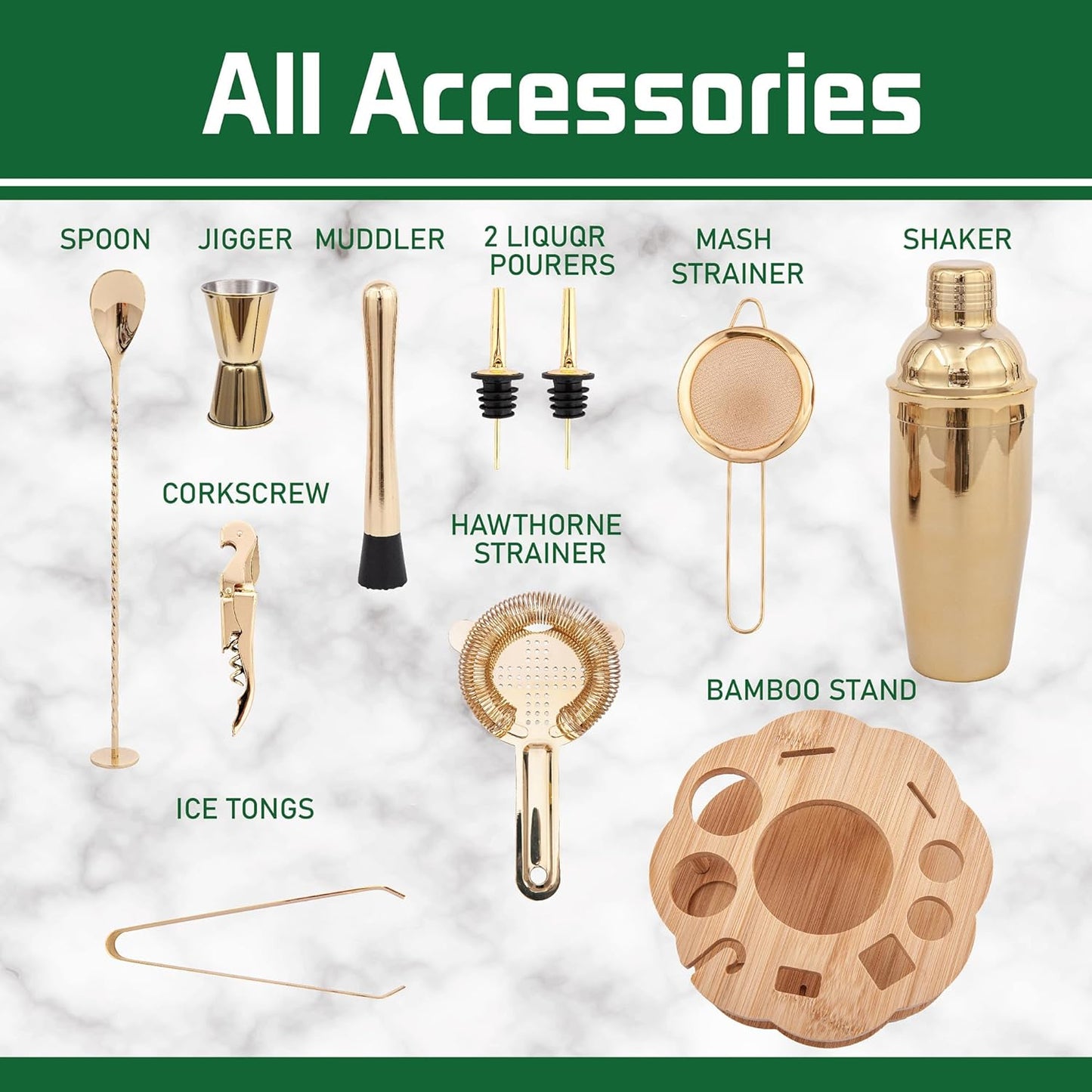 Cocktail Shaker Set Bartender Kit with Rotatble Bamboo Stand,11 Piece Bar Set Stainless Steel Bar Accessories for Drink Mixing, Bar, Home, Party (Gold)