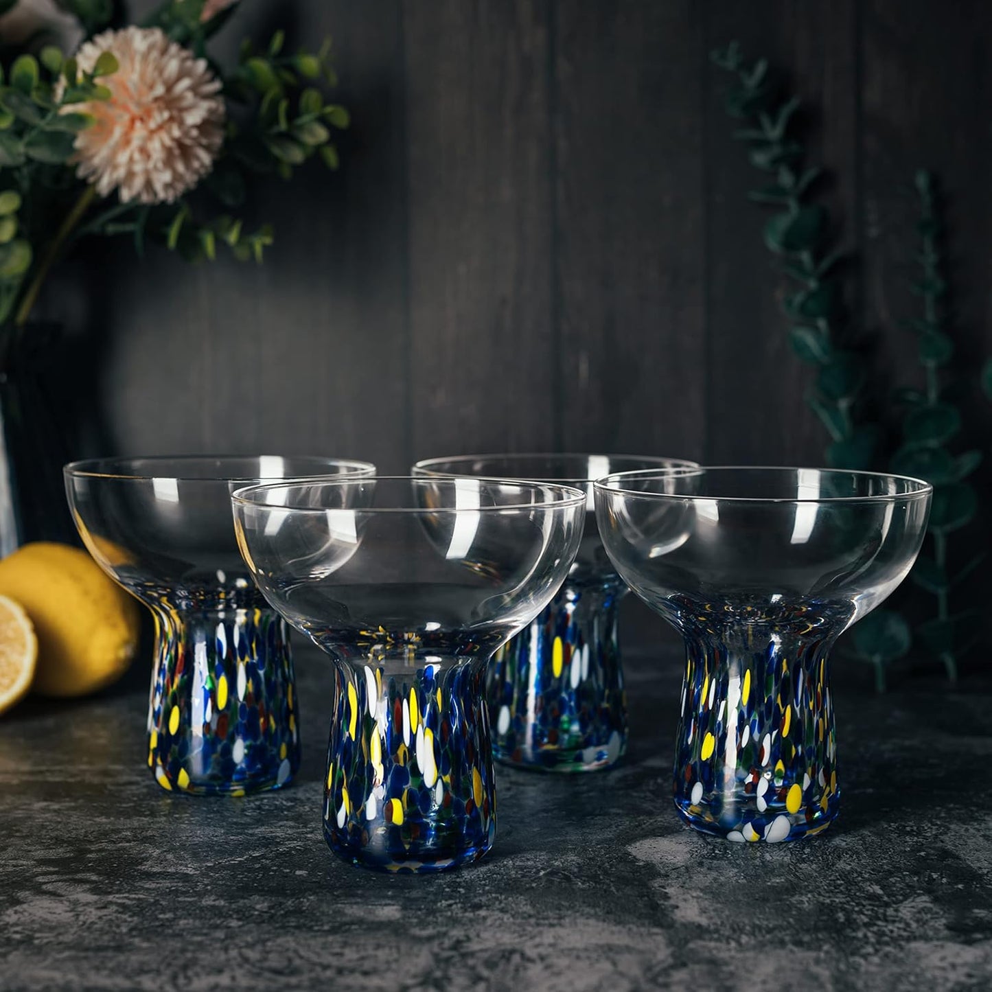 Stemless Margarita Glasses – Set of 4-6oz Luxury Hand Blown Confetti Margaritas, Martini, Cocktails, Water, Wine, Dessert & Champagne Glassware Cinco de Mayo, Hand Blown - Mexican Confetti Glass