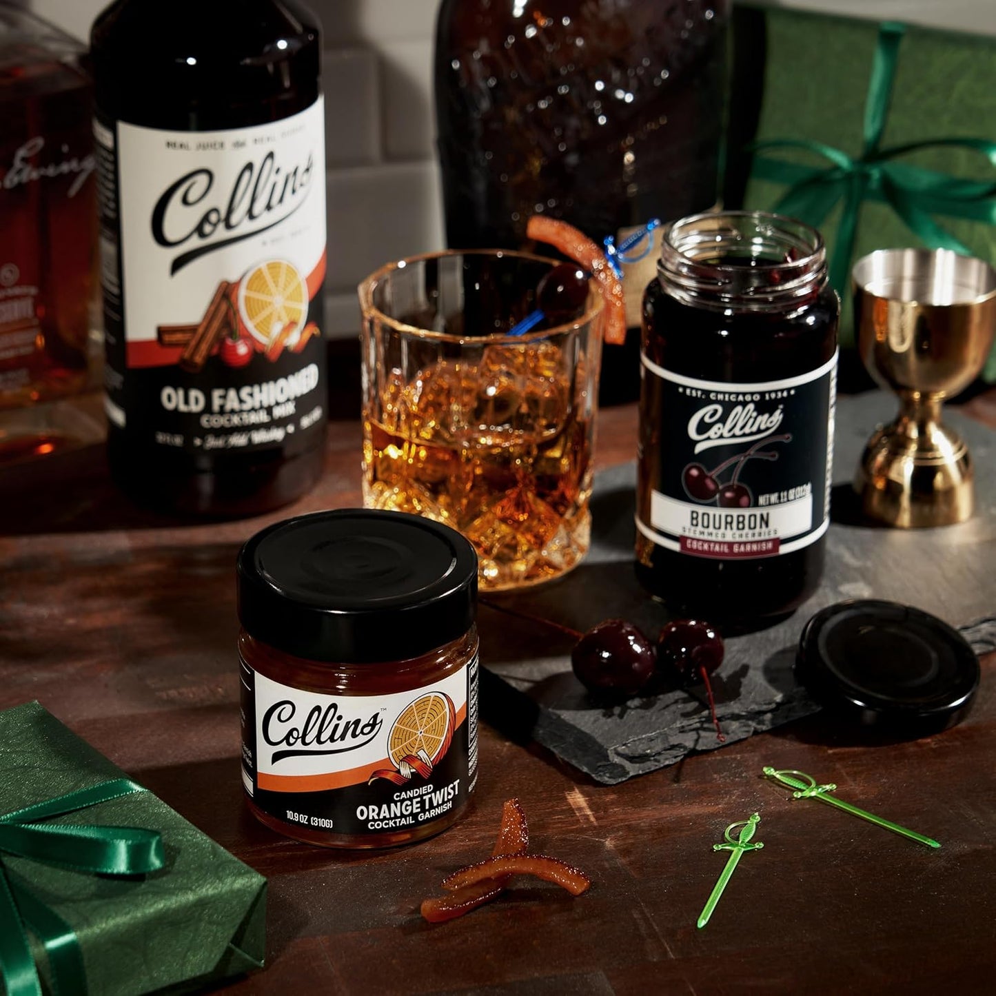 Collins Old Fashioned Kit, Cocktail Gift Set with Old Fashioned Mix, Bourbon Cherries, Candied Orange Garnish & Picks, Mixology Gift Set of 4 for Party Drinks, Holiday Celebrations and Christmas Gifts