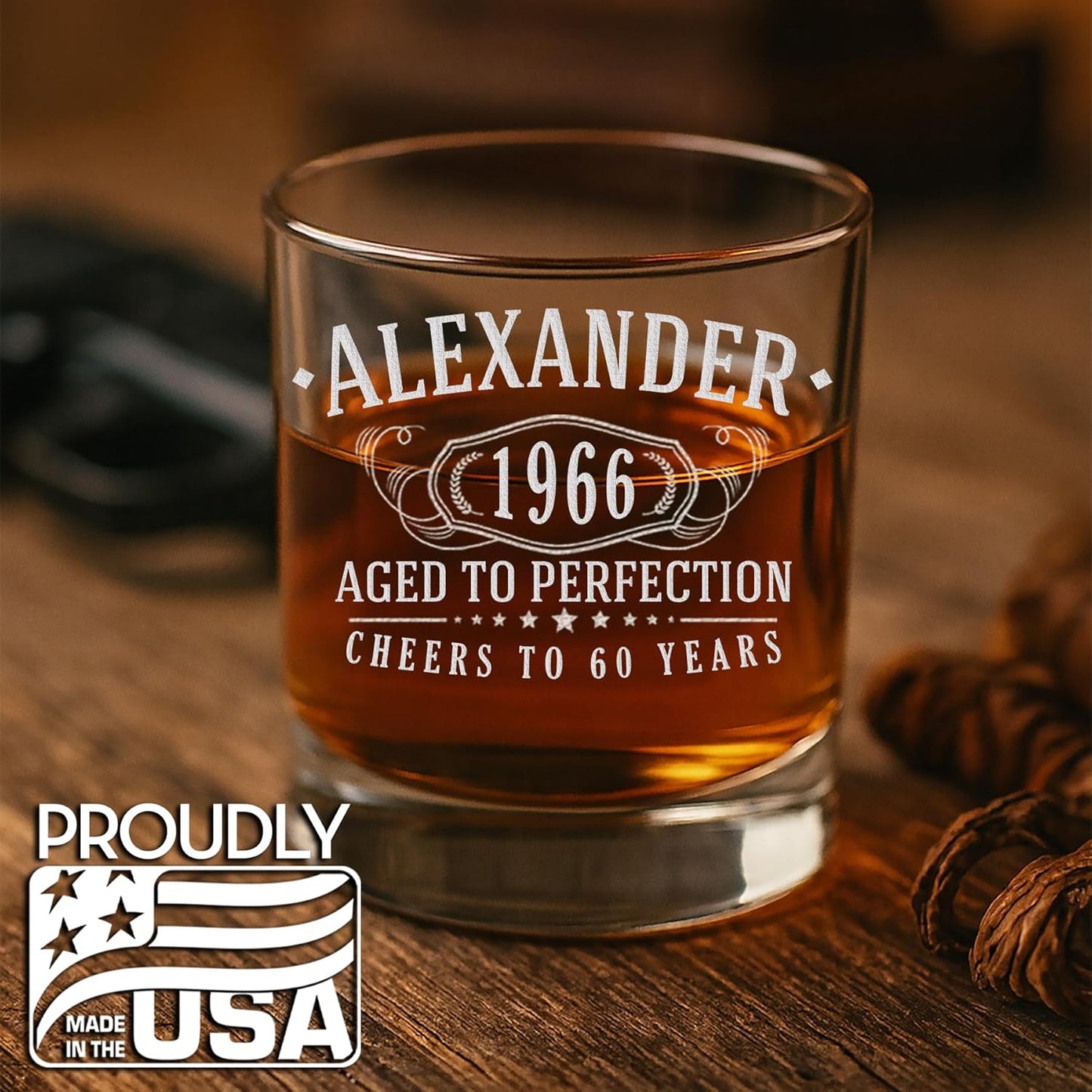 Personalized Vintage 60th Etched Whiskey Glass - Custom 1966 60th Birthday Gifts for Men - Cheers to 60 Years old - 60 Birthday for Men - Scotch Bourbon Dad Women Retirement 1.0