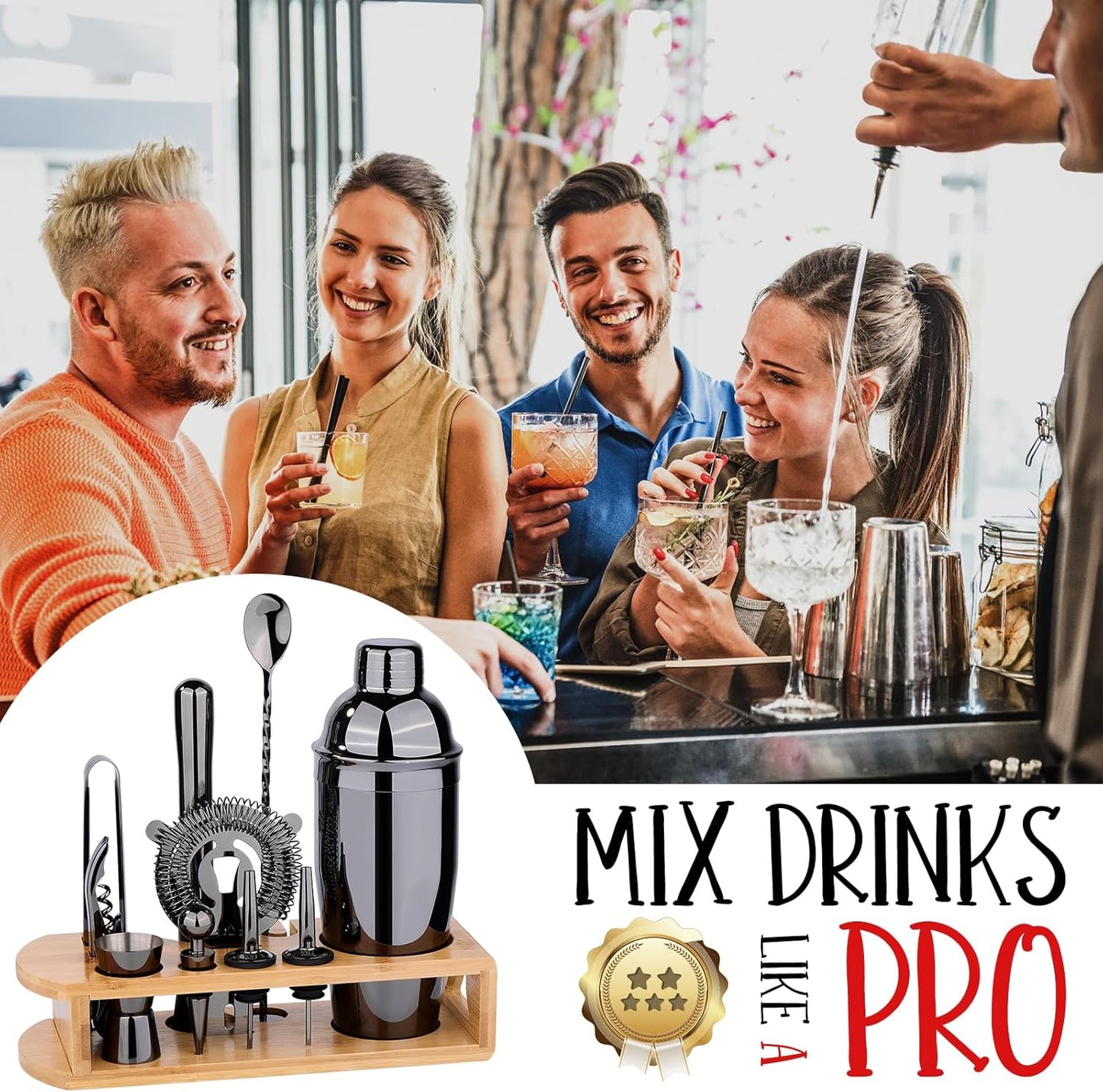 Cocktail Shaker Set Bartender Kit : 12-Piece Bar Tool Set with Bamboo Stand | Bar Set with All Practical Bar Accessories, for Drink Mixing, Bar, Home, Lounge & Party (Titanium Grey)
