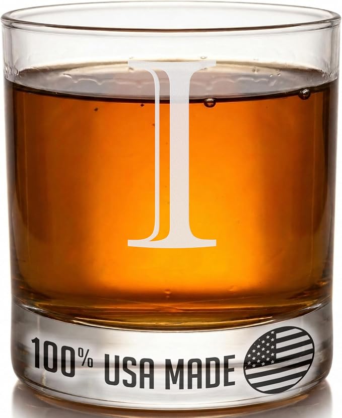 Etched Monogram 11oz Whiskey Rocks Glass (Letter J), A-Z Customized Bourbon Gifts for Men, Father’s Day, Personalized Old Fashioned Scotch Glass, Custom Engraved Gifts for Him, Initial, Name - Clear Etch I