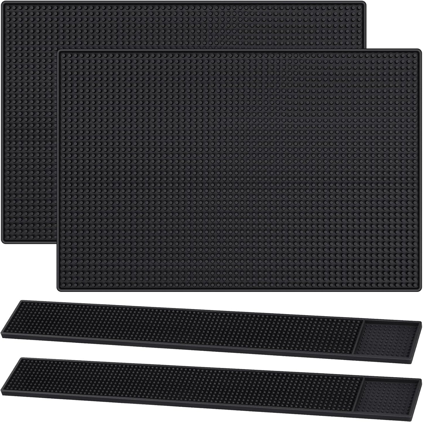 Jingmore 4 Pcs Thick Rubber Bar Mats for Bartending, Durable Non-Slip Spill Mat for Countertop, Home Kitchen, Coffee Bars, and Restaurants Accessories, Black(18" X 12"+24" X 3")