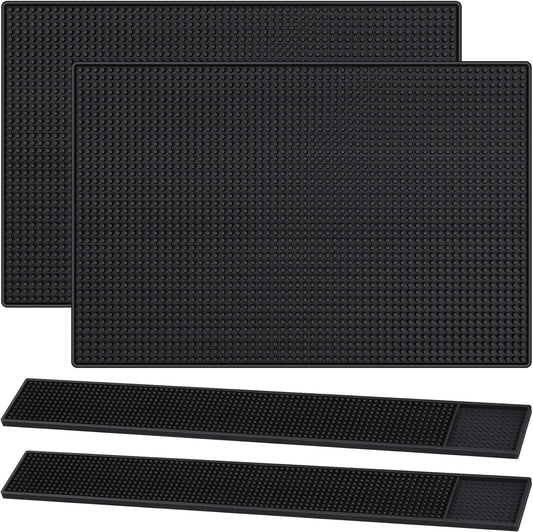 Jingmore 4 Pcs Thick Rubber Bar Mats for Bartending, Durable Non-Slip Spill Mat for Countertop, Home Kitchen, Coffee Bars, and Restaurants Accessories, Black(18" X 12"+24" X 3")
