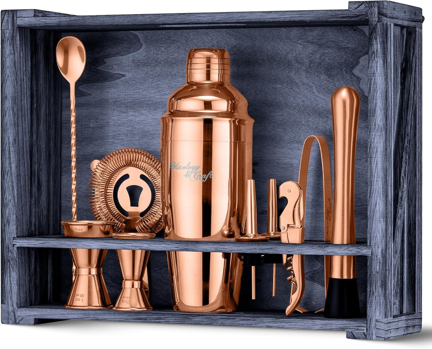 Mixology & Craft Rustic Cocktail Shaker Set – Includes Wood Stand, Complete Barware Kit with 24 Oz Shaker, Dual Jiggers, Pourers, Muddler, Strainer – Perfect for Home Bartenders (Copper)