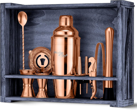 Mixology & Craft Rustic Cocktail Shaker Set – Includes Wood Stand, Complete Barware Kit with 24 Oz Shaker, Dual Jiggers, Pourers, Muddler, Strainer – Perfect for Home Bartenders (Copper)