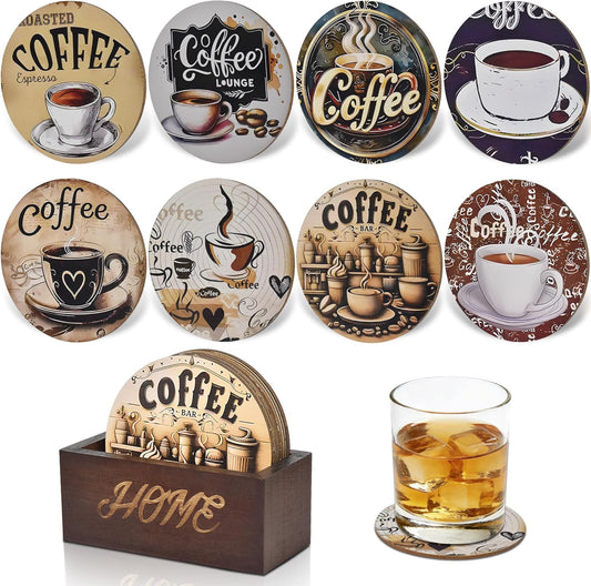 Bar Coaster Set, Drink Coaster for Home Decor, Wood Coffee Coasters 8Pack (Coffee-Brown)