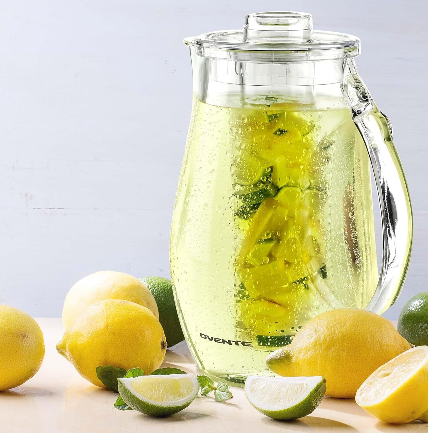 OVENTE Fruit Infusion Water Pitcher 2.5L/85Oz with Removable Lid and Infuser Rod, BPA-Free, Shatterproof Acrylic Beverage Jug for Flavor-Infused Drinks, Lemonade, Juice and Iced Tea, Clear PIA0852C