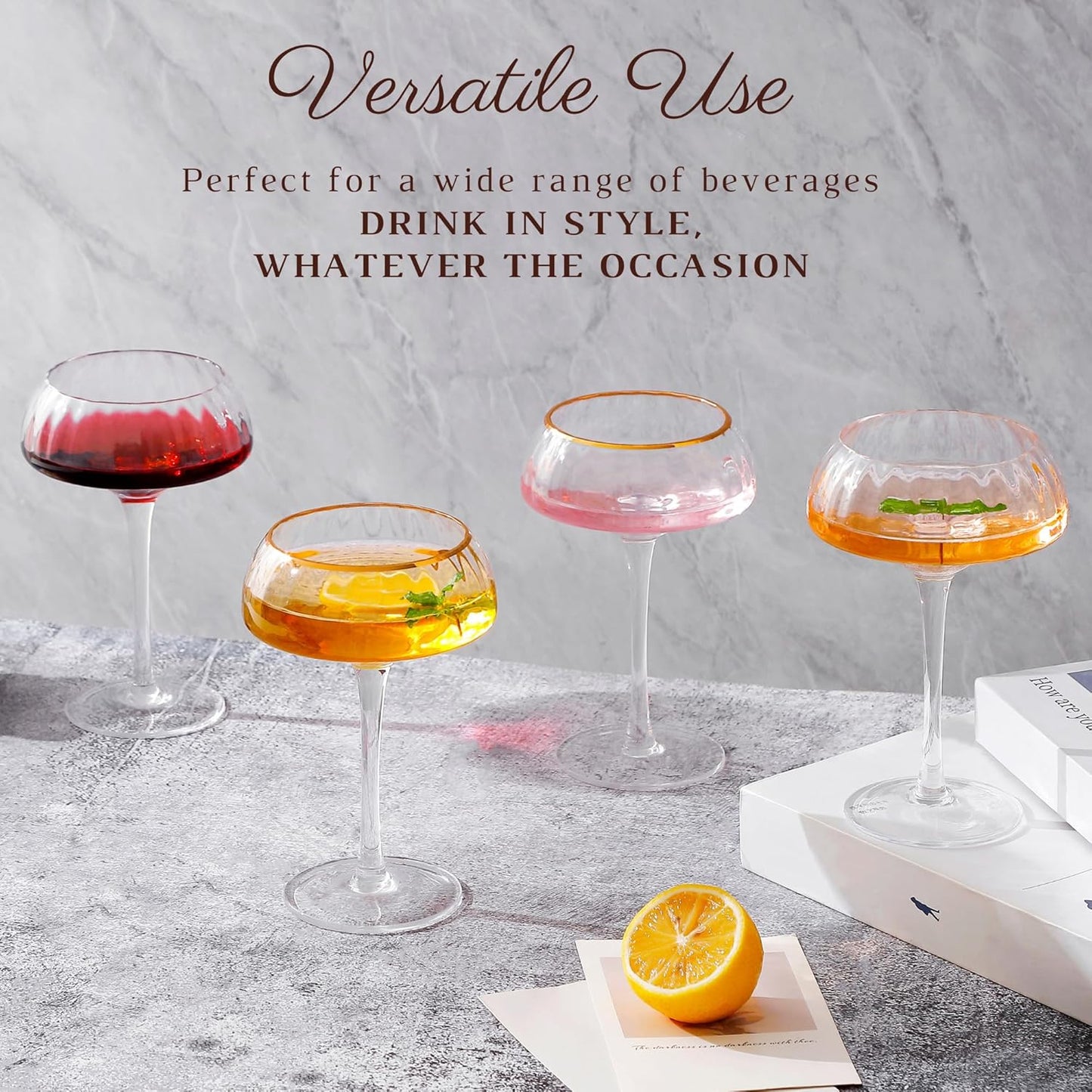 Lysenn Coupe Glasses Set of 4 - Premium Hand Blown Martini Glasses - Perfect for Cocktail and Champagne – 8.45 oz, Clear