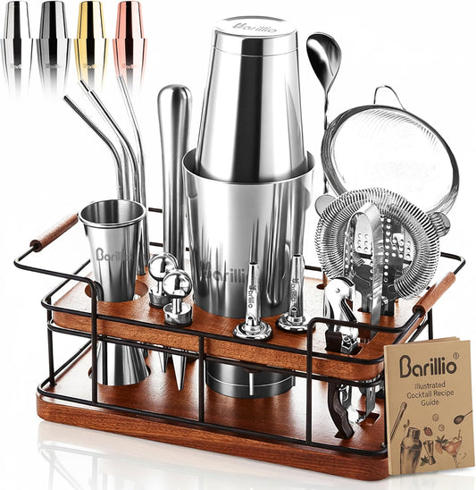 Barillio Bartender Kit – 23-Piece Stainless-Steel Cocktail Shaker Set with Premium African Mahogany Stand | Martini Barware Mixing Tools for Home Bartending | Gift Set
